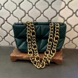 Zara Green Quilted Shoulder Bag with Gold Chain